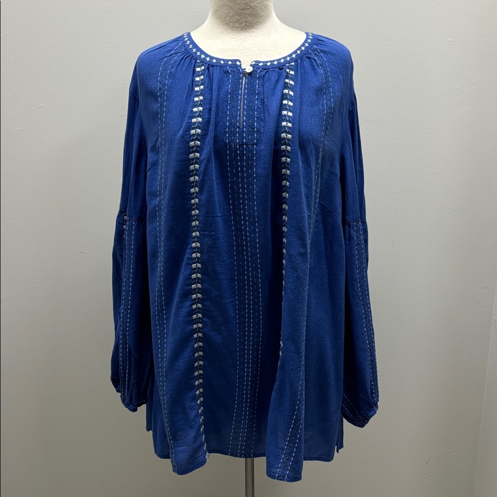 NWT J Jill Tunic Blue Peasant Boho Embroidered Relaxed Top Blouse SZ 2X
